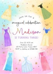 Birthday Invitation Princess Dresses Round Magical Celebration Colors 0485 design preview