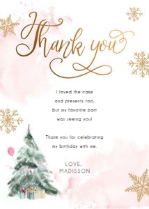 Thank You Card Winter Tree Watercolor Birthday Pink Gold 0363 design preview