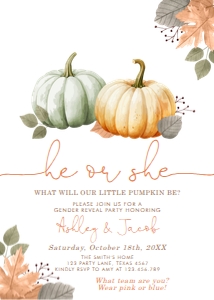 Gender Reveal Invitation Pumpkin He or She Green Orange 0489 design preview