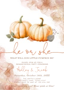 Gender Reveal Invitation Pumpkin He or She Orange 0489 design preview