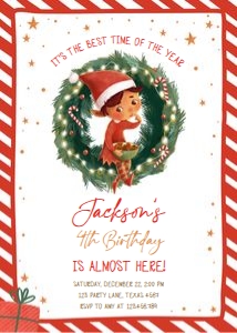 Birthday Invitation Elf Wreath v2 Boy 5x7 0481 design preview
