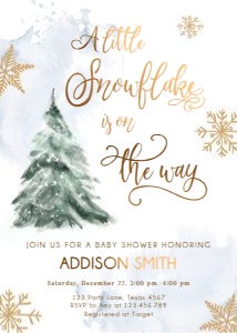 Baby Shower Invitation Winter Tree Watercolor Snowflake on the Way Blue Gold 0363 design preview