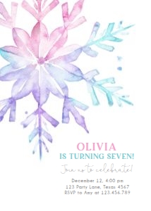 Birthday Invitation Snowflake Watercolor Large Pink Purple Blue 0494 design preview