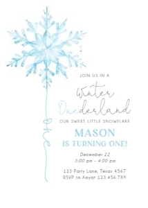Birthday Invitation Snowflake Watercolor Blue 0494 Photo Back design preview
