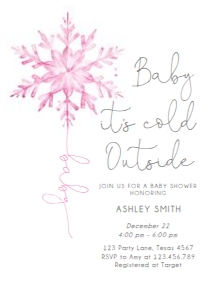 Baby Shower Invitation Snowflake Watercolor Pink 0494 design preview