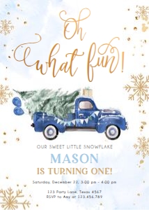Birthday Invitation Winter Truck Blue Gold Oh What Fun 0495 design preview