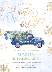 Birthday Invitation Winter Truck Blue Gold Winter Onederland 0495 design preview