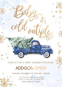 Baby Shower Invitation Winter Truck Blue Baby Cold Outside Gold 0495 design preview