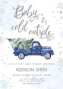 Baby Shower Invitation Winter Truck Blue Baby Cold Outside Silver 0495 design preview