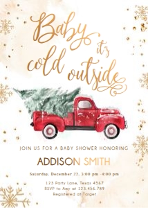 Baby Shower Invitation Winter Truck Red Baby Cold Outside Gold 0495 design preview