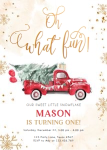 Birthday Invitation Winter Truck Red Gold Oh What Fun 0495 design preview