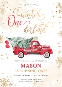 Birthday Invitation Winter Truck Red Gold Winter Onederland 0495 design preview