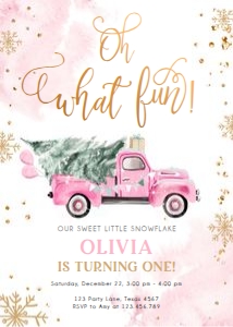 Birthday Invitation Winter Truck Pink Gold Oh What Fun 0495 design preview