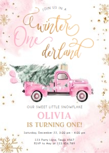 Birthday Invitation Winter Truck Pink Gold Winter Onederland 0495 design preview