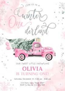 Birthday Invitation Winter Truck Pink Winter Onederland 0495 design preview