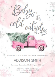 Baby Shower Invitation Winter Truck Pink Baby Cold Outside Silver 0495 design preview