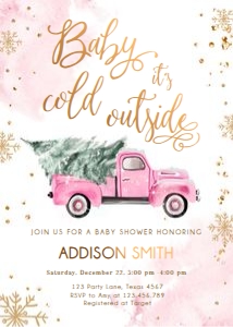 Baby Shower Invitation Winter Truck Pink Baby Cold Outside Gold 0495 design preview