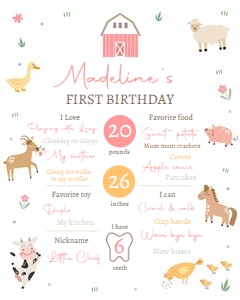 Birthday Milestone Sign Farm Animals Pink White 0436 design preview