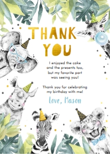 Thank You Card Birthday Party Animals Black and White Boy Gold Vertical 0322 design preview