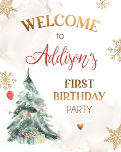 Welcome Sign Winter Tree Watercolor Red Gold 0363 design preview