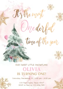 Birthday Invitation Winter Tree It's the Most Onederful Time Pink Gold 0363 design preview