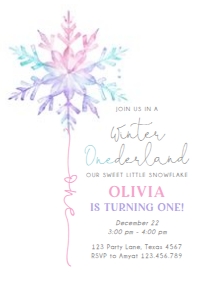 Birthday Invitation Snowflake Watercolor Pink Purple Blue 0494 Photo Back design preview