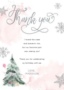 Thank You Card Winter Tree Watercolor Birthday Pink Silver 0363 design preview