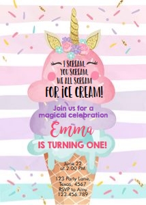 Birthday Invitation Ice Cream Pink Purple Unicorn V2 0243 design preview