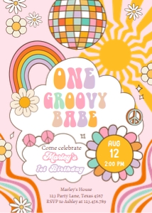 Invitation Birthday One Groovy Babe Sun Retro Pink 0538 design preview