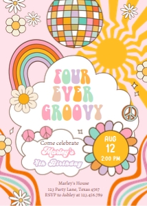 Invitation Birthday Four Ever Groovy Sun Retro Pink 0538 design preview