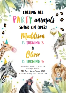 Birthday Invitation Party Animals Vertical Joint Birthday 0417 design preview