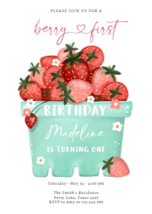 Birthday Invitation Strawberry Basket Berry First 0506 Photo design preview
