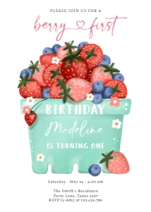Birthday Invitation Strawberry Blueberry Basket Berry First 0506 Photo design preview
