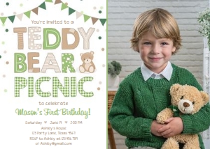 Birthday Invitation Teddy Bear Picnic Green Photo 0100 design preview
