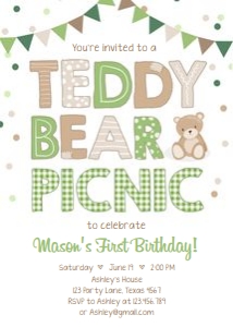 Birthday Invitation Teddy Bear Picnic Green 0100 design preview