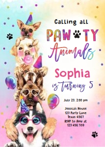 Birthday Invitation Pawty Animals Dogs 0460 V2 design preview