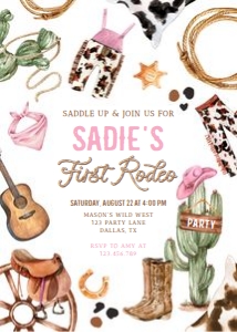 Birthday Invitation Cowgirl First Rodeo 0509 v2 design preview