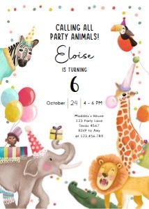 Birthday Invitation Calling All Party Animals Vertical 0482 v2 Photo Back design preview