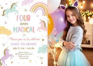 Birthday Invitation Unicorn Simple Four Ever Magical Photo 0426 design preview