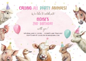 Birthday Invitation Farm Pink Horizontal Party Animals 0448 design preview