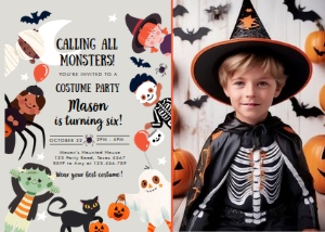 Invitation Halloween Costume Kids Grey Calling All Monsters Photo 0473 design preview