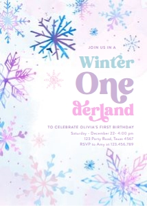 Birthday Invitation Snowflakes Pink Purple Blue 0518 Winter Onederland v2 design preview
