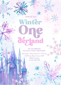 Birthday Invitation Snowflakes Pink Purple Blue 0518 Winter Onederland Castle design preview