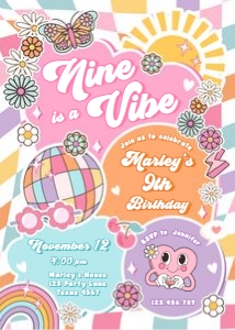 Invitation Birthday Groovy Colorful Nine is a Vibe 0524 design preview