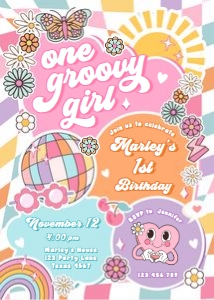 Invitation Birthday Groovy Colorful One Groovy Girl 0524 design preview