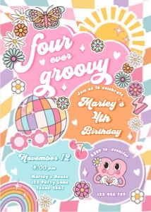 Invitation Birthday Groovy Colorful Four Ever Groovy Girl 0524 design preview