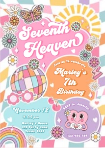 Invitation Birthday Groovy Colorful Seventh Heaven Girl 0524 design preview