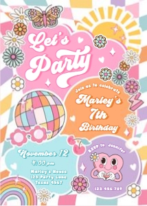 Invitation Birthday Groovy Colorful Let's Party 2 Girl 0524 design preview