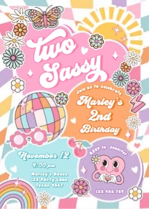 Invitation Birthday Groovy Colorful Two Sassy 0524 design preview