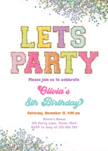 Invitation Birthday Patch Letters Lets Party Glitter 0528 design preview